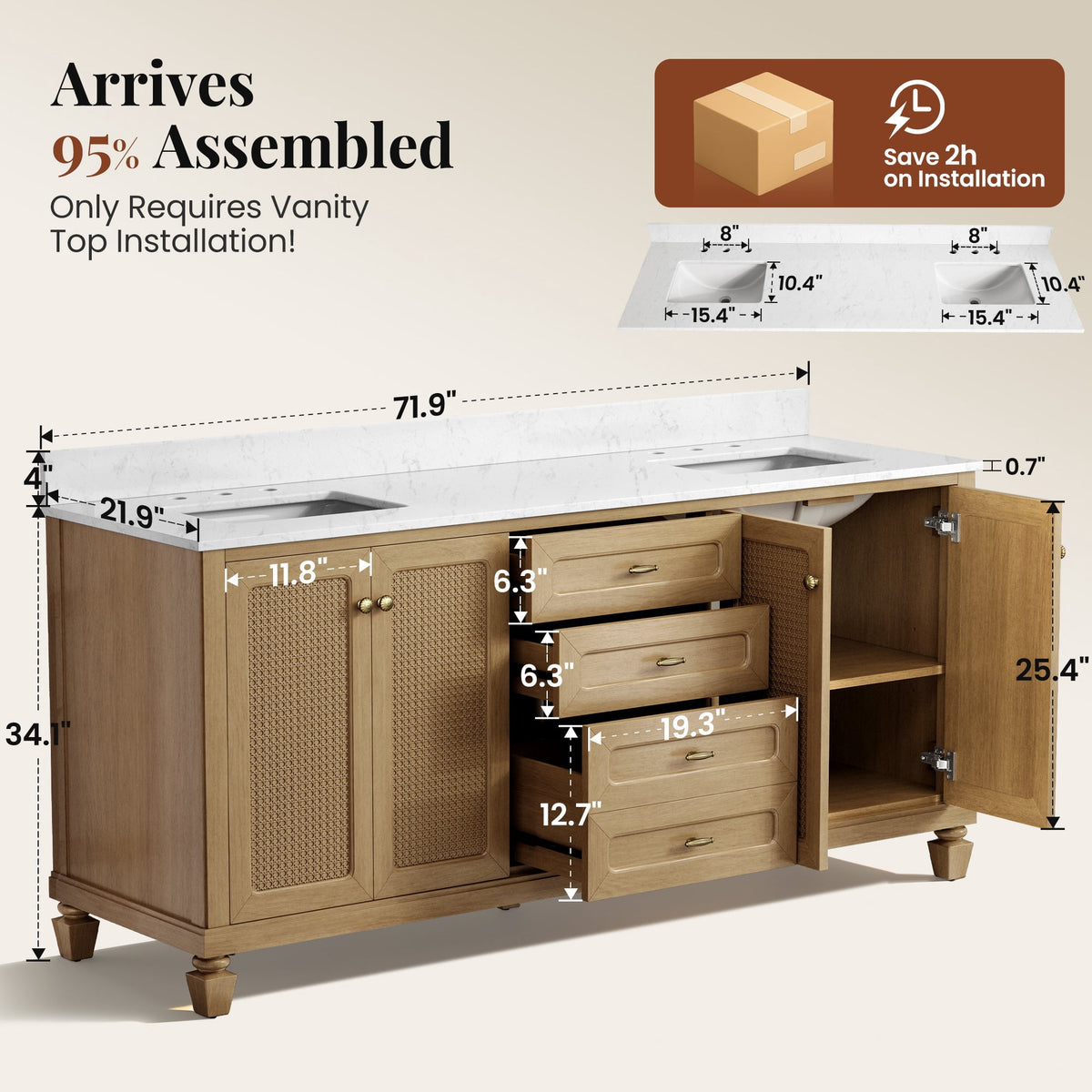 Sophia & William 72" Bathroom Vanity with Double Sink Freestanding Wood Bathroom Cabinet Vanity with 2 Adjustable Shlves, 1 Tip-out Drawers and 3 Pull-out Drawers, Light Oak