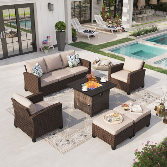 Sophia & William 7-seat Wicker Patio Converation Set with Fire Pit Table, Beige