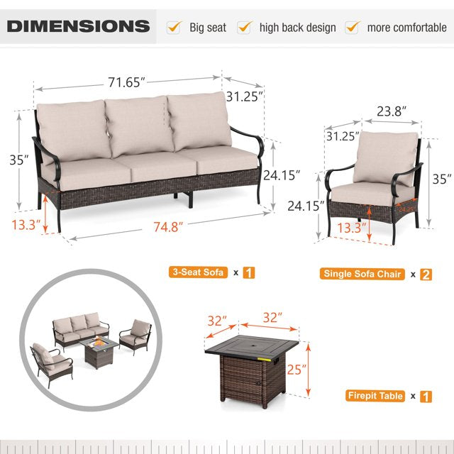 Sophia & William 4 Piece Outdoor Patio Conversation Sofa Set 5-Seat Fire Pit Set