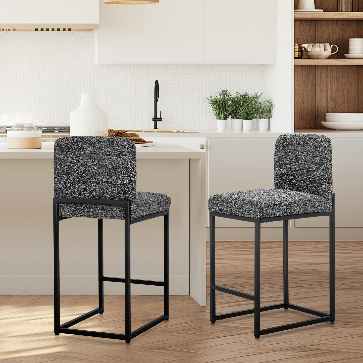 Sophia & William Counter Height Bar Stools with High Backrest 2 Pack Soft & Durable Chenille Fabric Bar Stools for Kitchen Island, Black