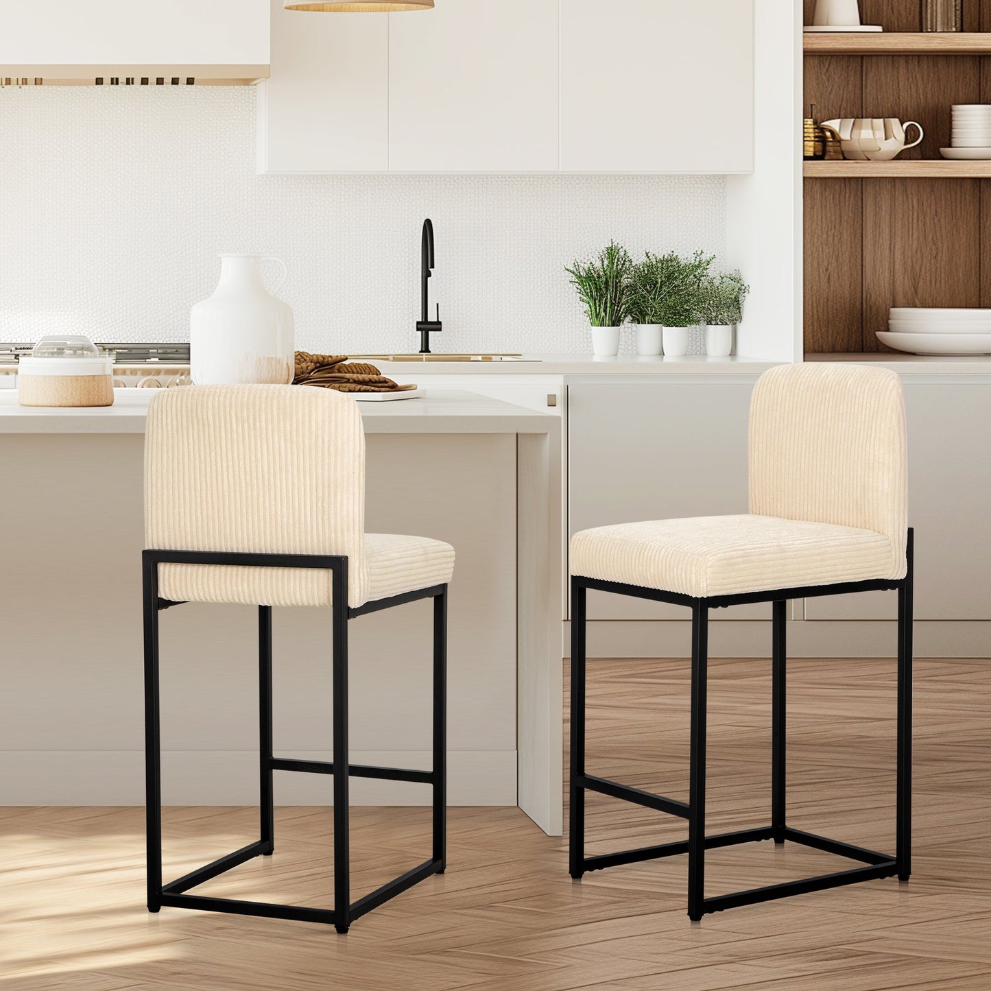 Sophia & William Counter Height Bar Stools with High Backrest 2 Pack Soft & Durable Vertical Striped Plush Bar Stools for Kitchen Island, Milky White