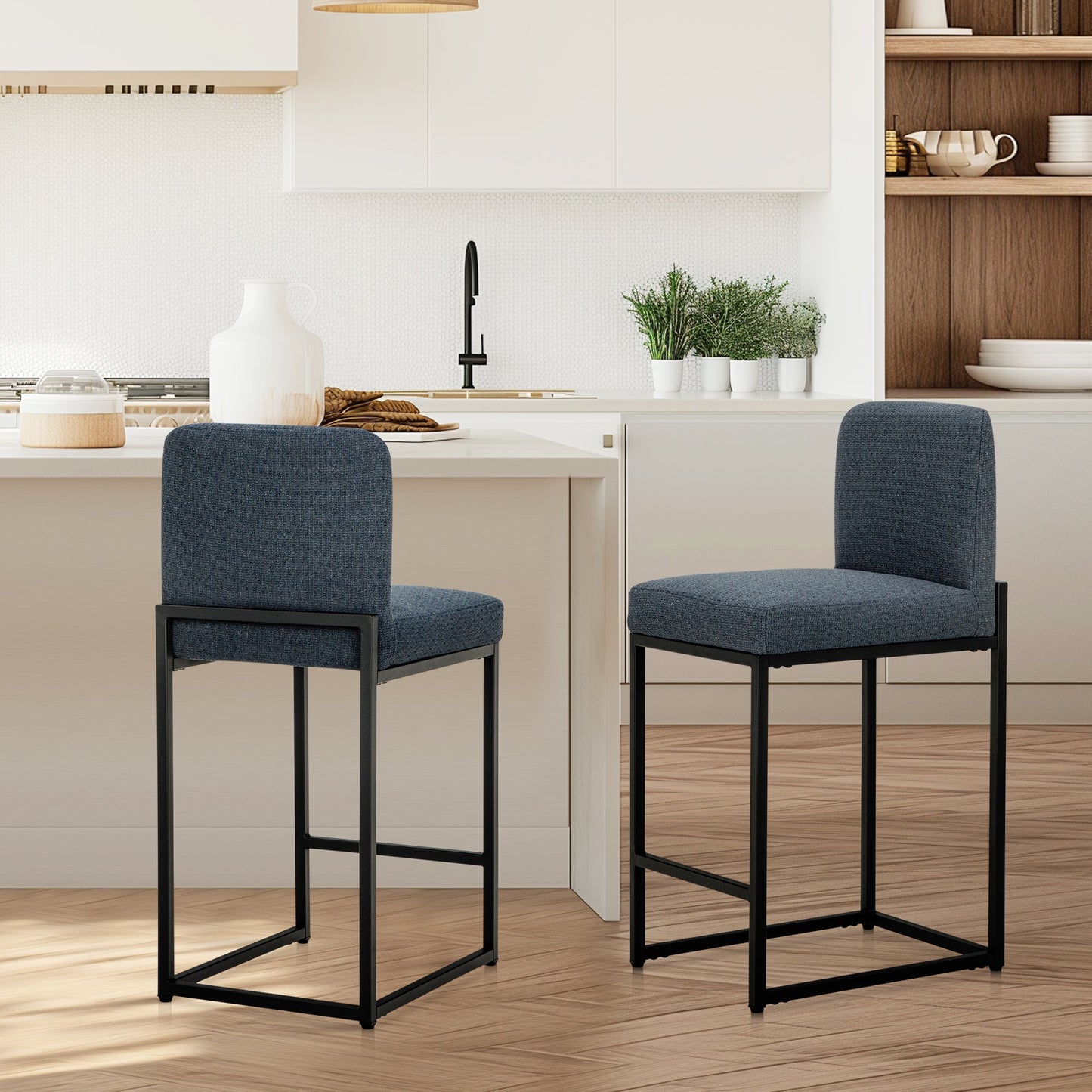 Sophia & William Counter Height Bar Stools with High Backrest 2 Pack Soft & Durable Chenille Fabric Bar Stools for Kitchen Island, Denim Blue