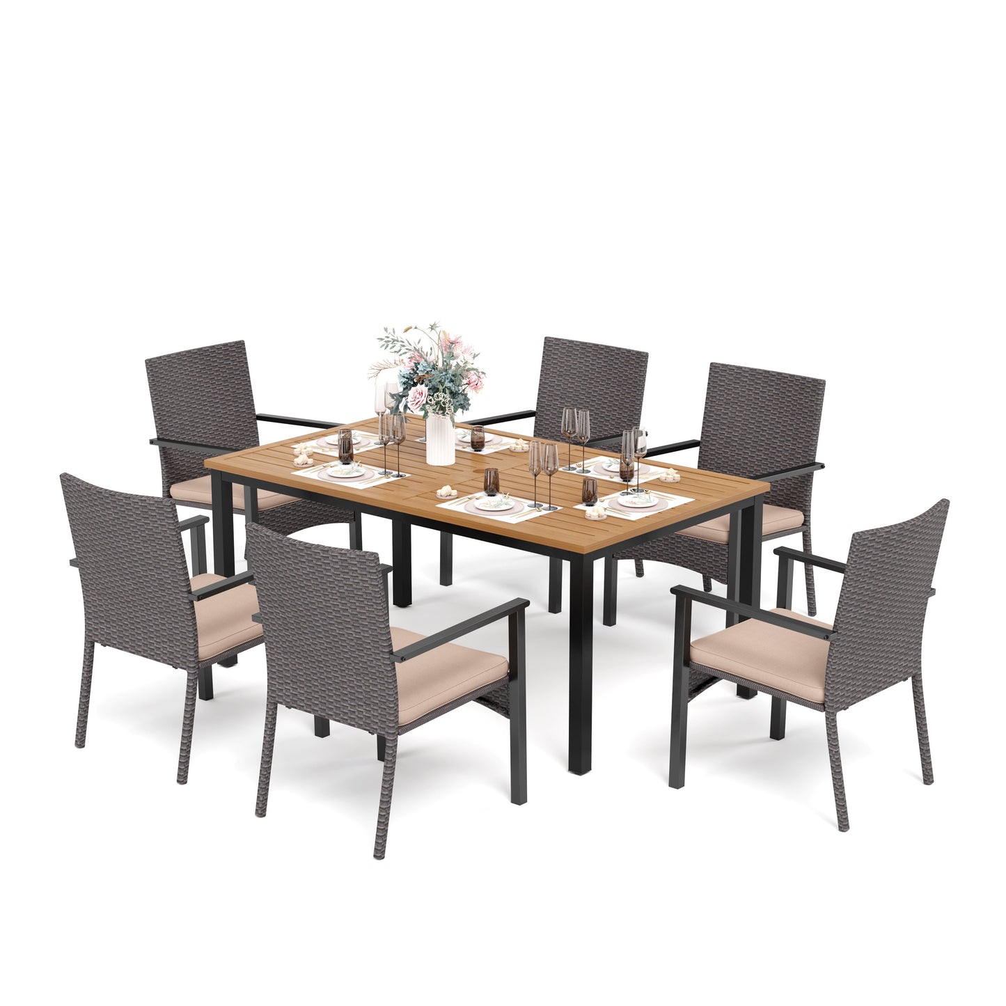 Sophia & William 7-Piece Outdoor Patio Dining Set Rattan Cushioned Chairs and Teak-grain Table Set