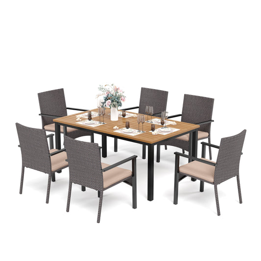 Sophia & William 7-Piece Outdoor Patio Dining Set Rattan Cushioned Chairs and Teak-grain Table Set