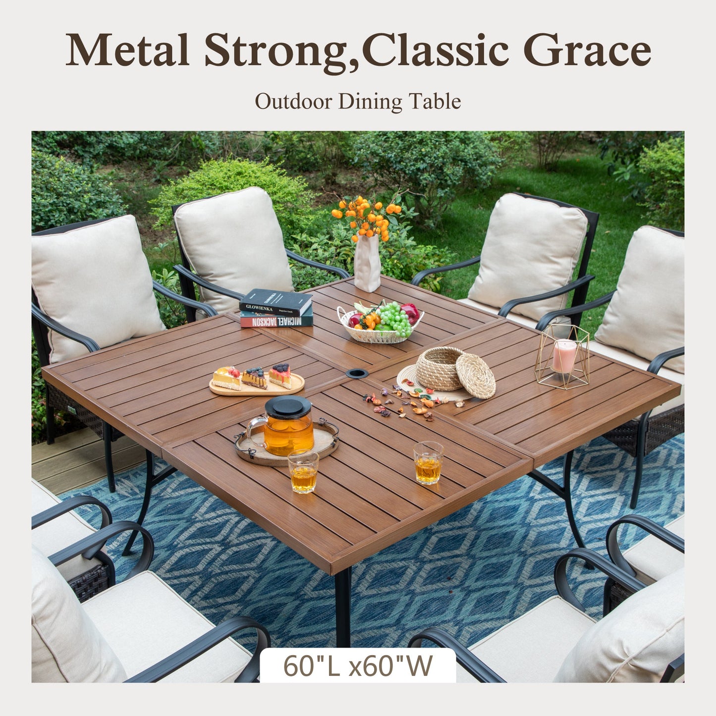 Sophia & William 9Pcs Outdoor Patio Dining Set Metal Cushioned Chairs and 60" Wood-grain Table Furniture Set for 8,Beige