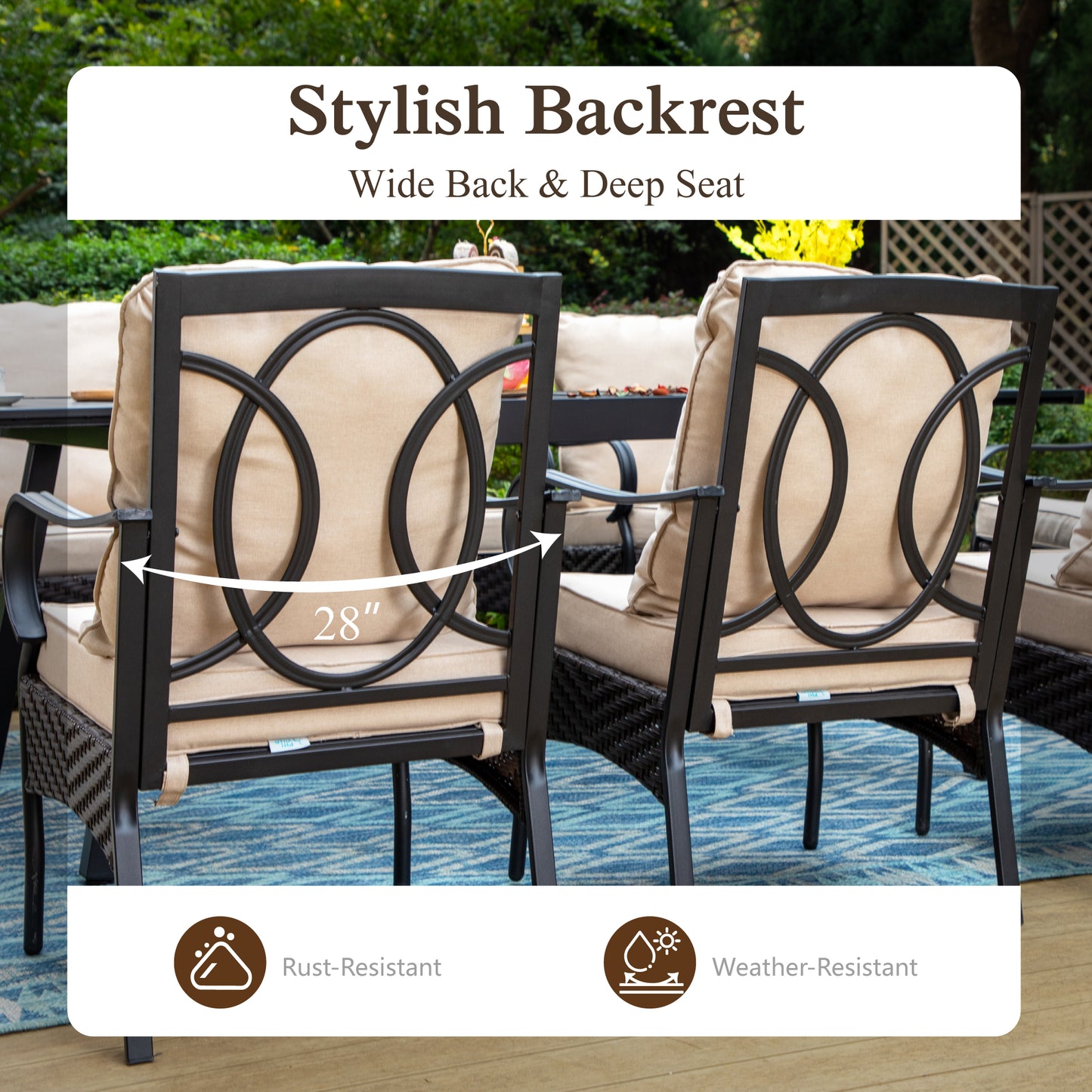 Sophia & William 7Pcs Outdoor Patio Dining Set Metal Cushioned Chairs and Wood-grain Table Furniture Set for 6,Beige