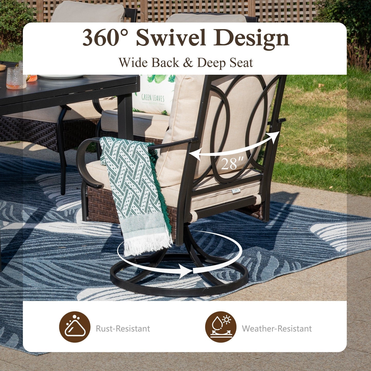 Sophia & William 9 Pieces Outdoor Patio Dining Set Metal Swivel Chairs and 57.5inch Square Wood-like Table Furniture Set with Cushions for 8