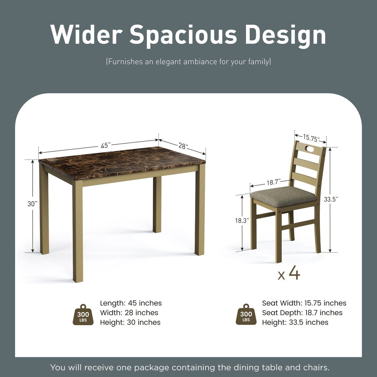 Alpha Joy Farmhouse Dining Table Set for 4, Faux Marble Rectangular Table with Solid Wood Paded Chairs